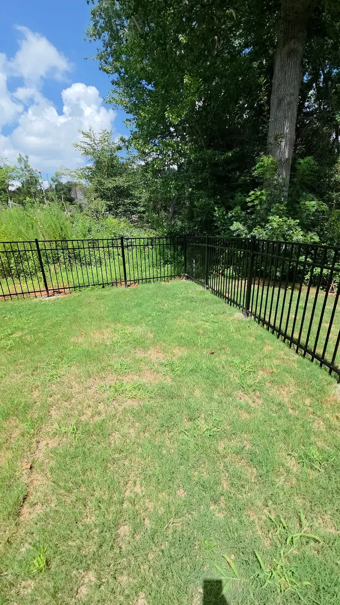 Aluminum fence enclosing a sloped wooded backyard